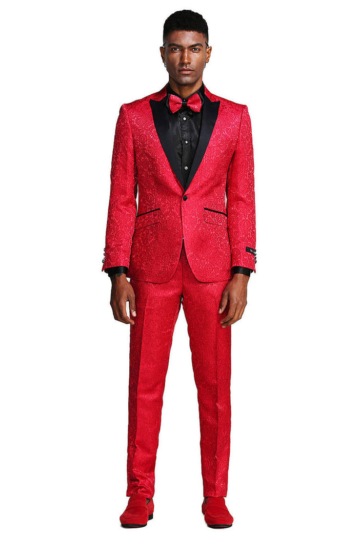 Red Paisley Men's Slim Fit Tuxedo - One Button Wedding & Prom Suit by Tazzio
