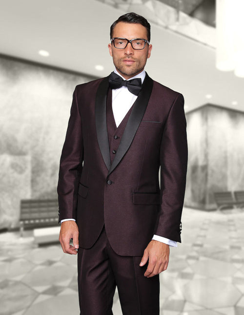 Mens Vested One Button Shiny Shawl Lapel Tuxedo in Burgundy by Statement
