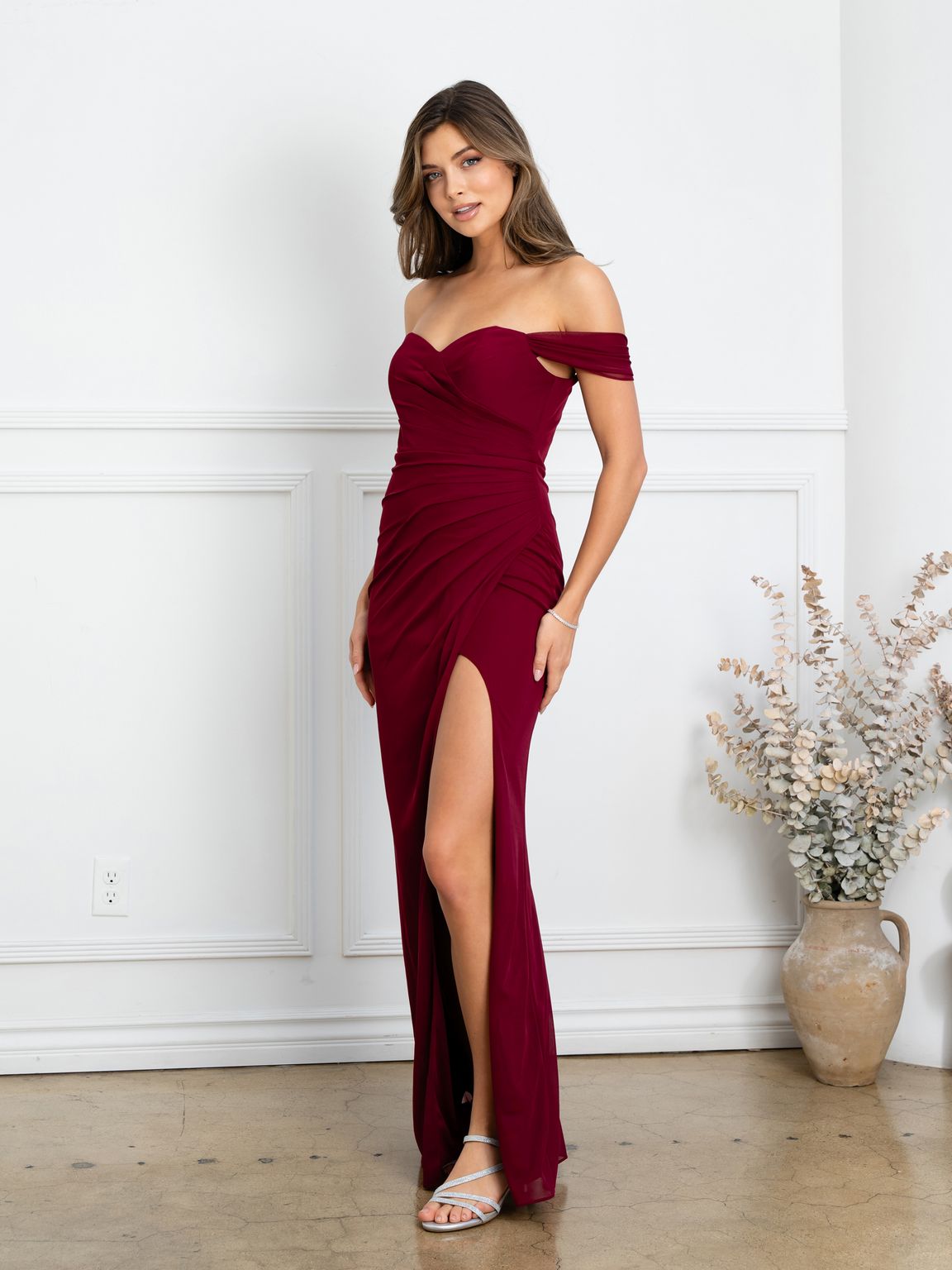 Eva USA EV3510 Structured Woven Long Slit Dress with Clean Lines