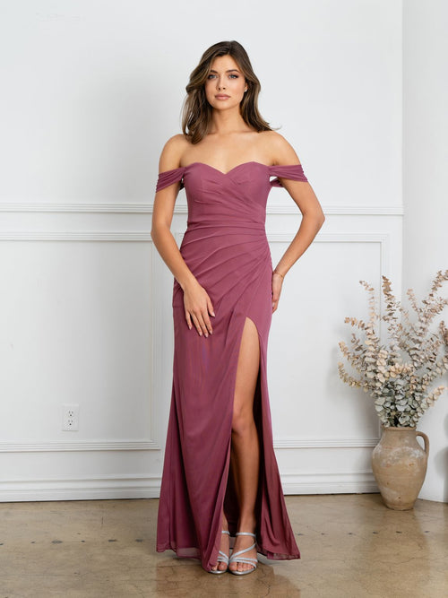 Eva USA EV3510 Structured Woven Long Slit Dress with Clean Lines