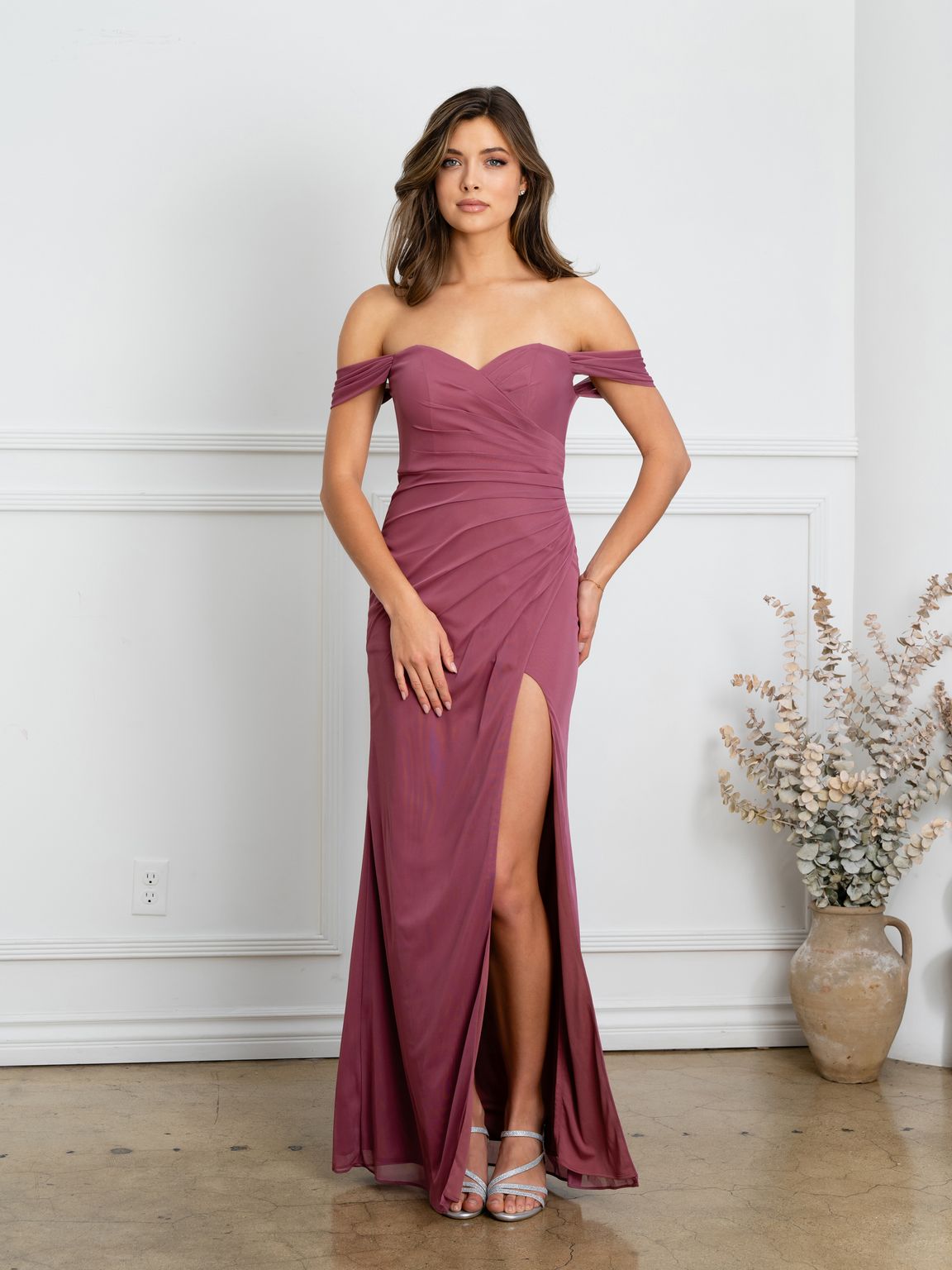 Eva USA EV3510 Structured Woven Long Slit Dress with Clean Lines