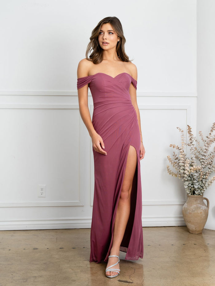 Eva USA EV3510 Structured Woven Long Slit Dress with Clean Lines