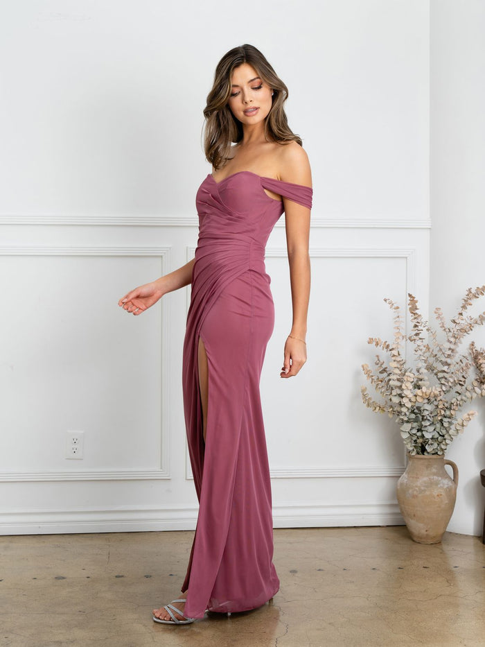 Eva USA EV3510 Structured Woven Long Slit Dress with Clean Lines