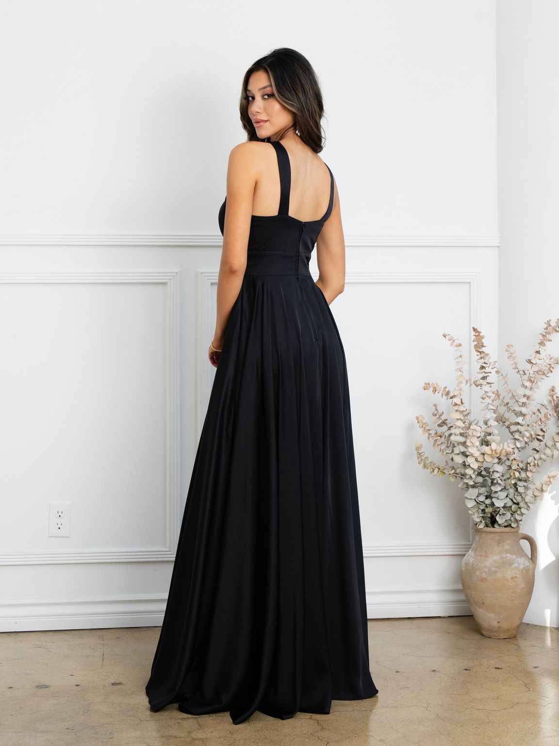 Eva USA EV3512 Dramatic Slit A-Line Satin Dress