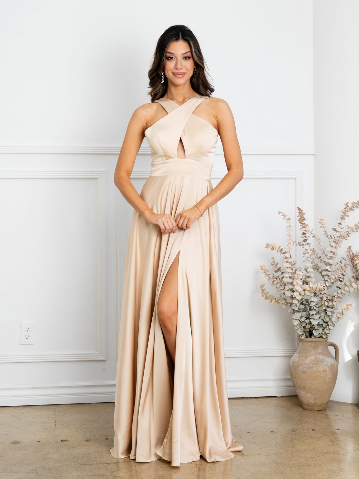 Eva USA EV3512 Dramatic Slit A-Line Satin Dress