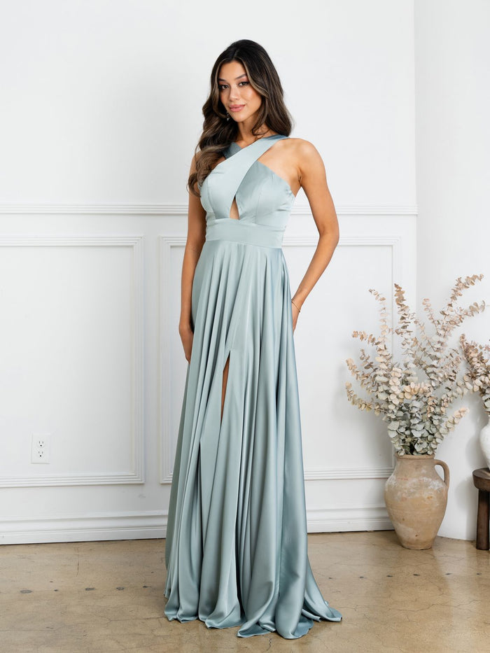 Eva USA EV3512 Dramatic Slit A-Line Satin Dress