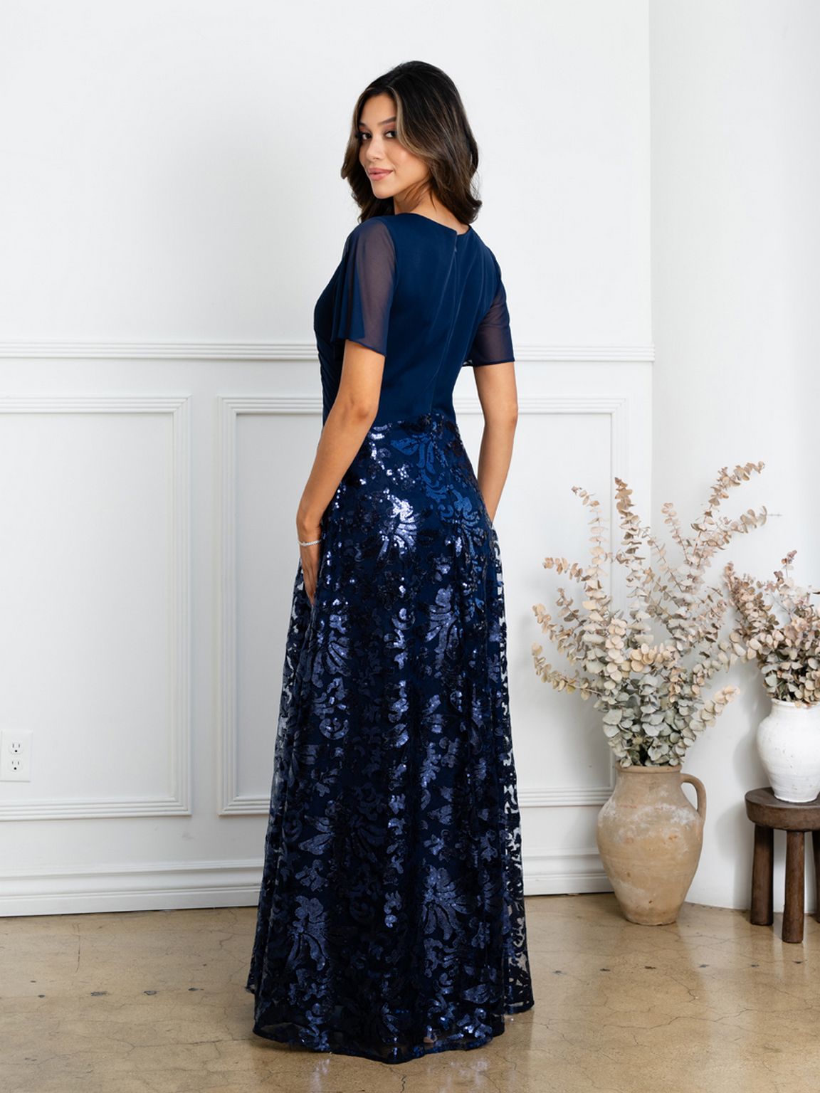 Eva USA EV3519 Full-Length Sequin Lace Dress with Structured Lining