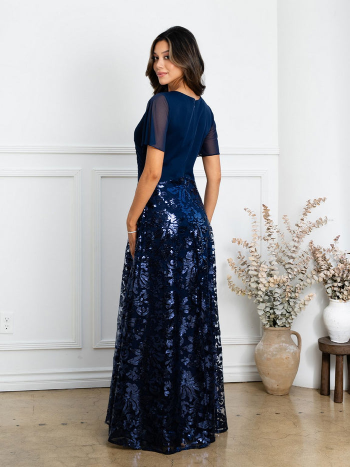 Eva USA EV3519 Full-Length Sequin Lace Dress with Structured Lining