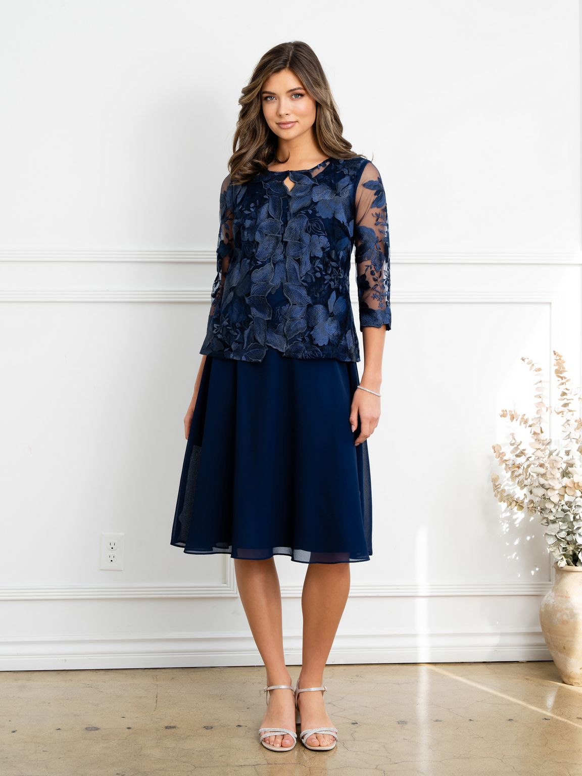 Eva USA EV3524 Structured Lace Layering Sheer Jacket Dress