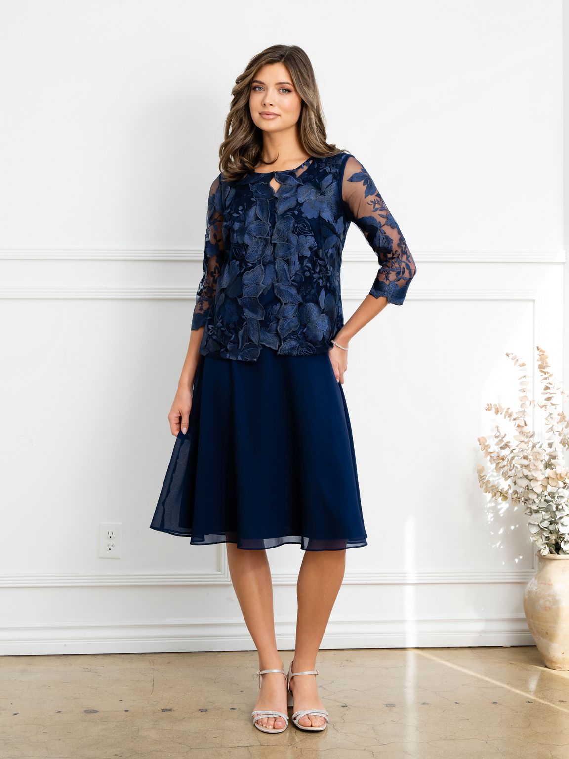 Eva USA EV3524 Structured Lace Layering Sheer Jacket Dress