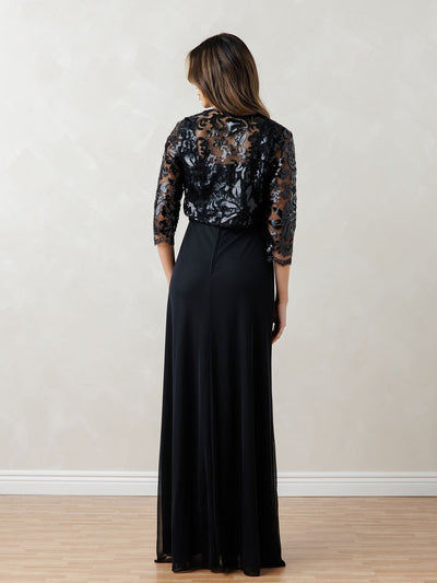 Eva USA EV3531 Sequin Lace Overlay Long Dress with Detachable Bolero