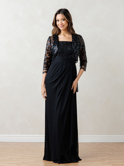 Eva USA EV3531 Sequin Lace Overlay Long Dress with Detachable Bolero
