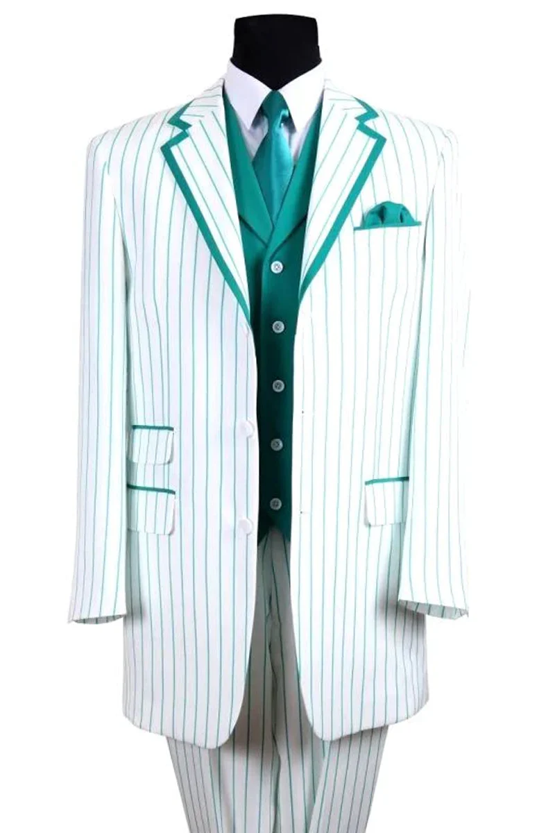Candy Stripe Suit Mens 3 Button Vested Barbershop Quartet Suin in White with Turquoise Pinstripes – SuitUSA