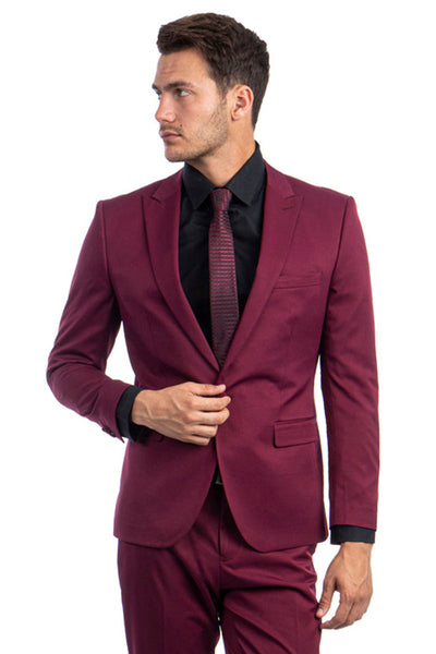 Men's Burgundy Slim Fit Suit with One Button Peak Lapel