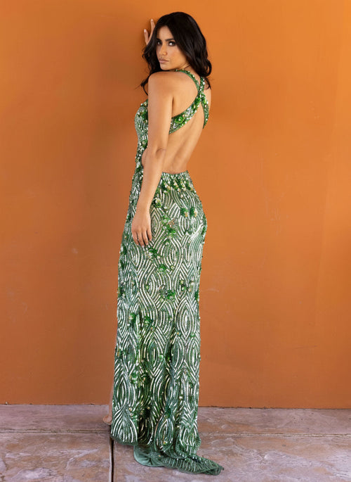 Primavera Couture 3918 - Sequin Beaded V-Neck Slit Evening Gown