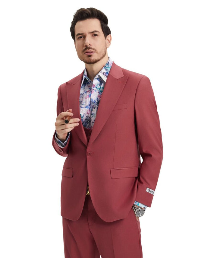 Stacy Adams Men’s Premium Coral Modern Fit Three Piece One Button Peak Lapel Suit