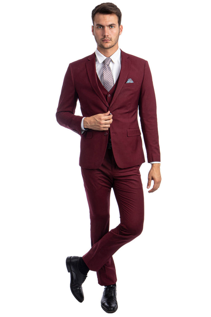 Men's Two Button Slim Fit Vested Solid Basic Color Suit in Burgundy by Sean Alexander