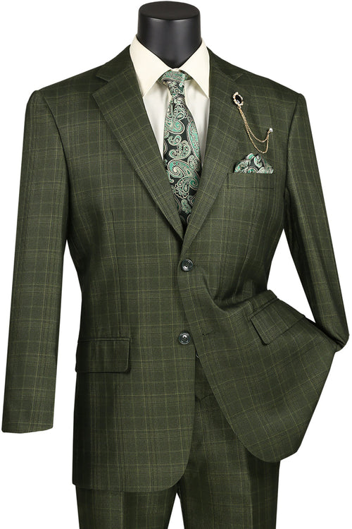 Men's Olive Windowpane Suit with Vested Style