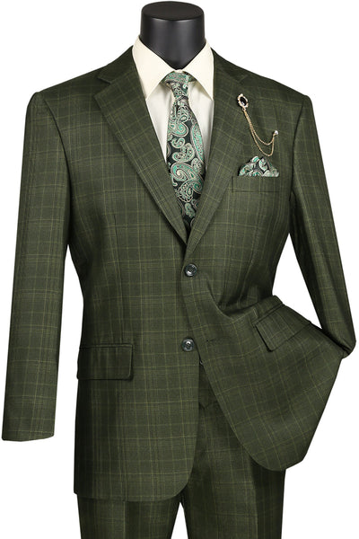 Men's Olive Windowpane Suit with Vested Style