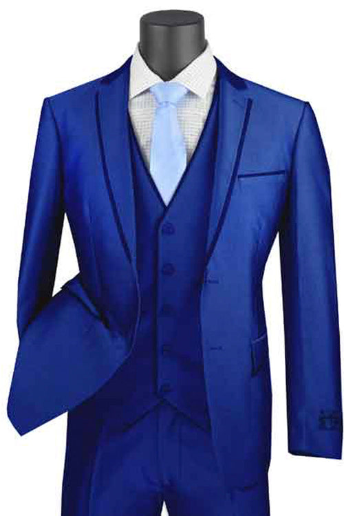 Mens Ultra Slim Fit Strech Sateen Shiny Sharskin Suit in Black by Vinci
