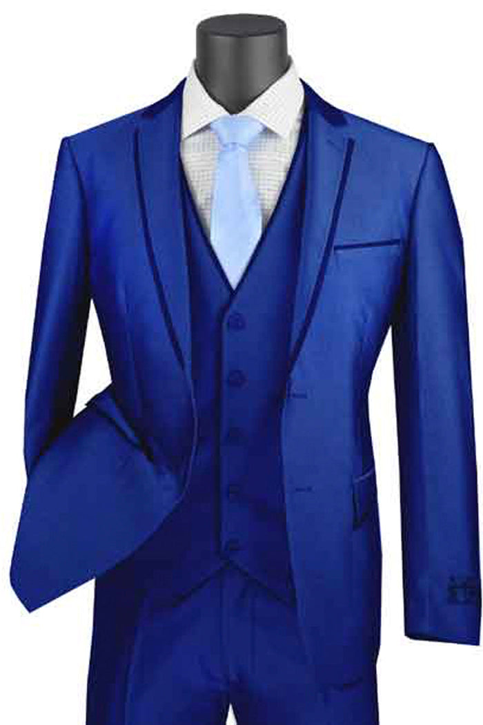 Mens Ultra Slim Fit Strech Sateen Shiny Sharskin Suit in Black by Vinci