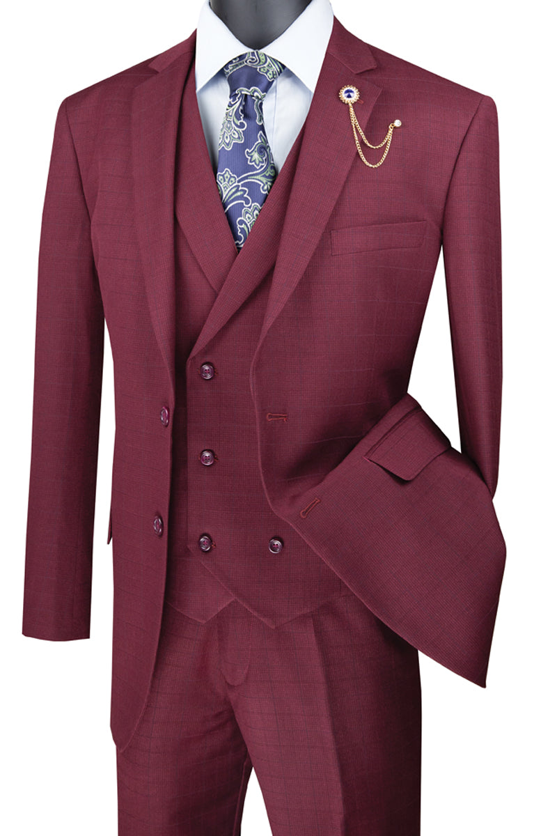 Mens Burgundy Plaid Double Breasted Vest Suit