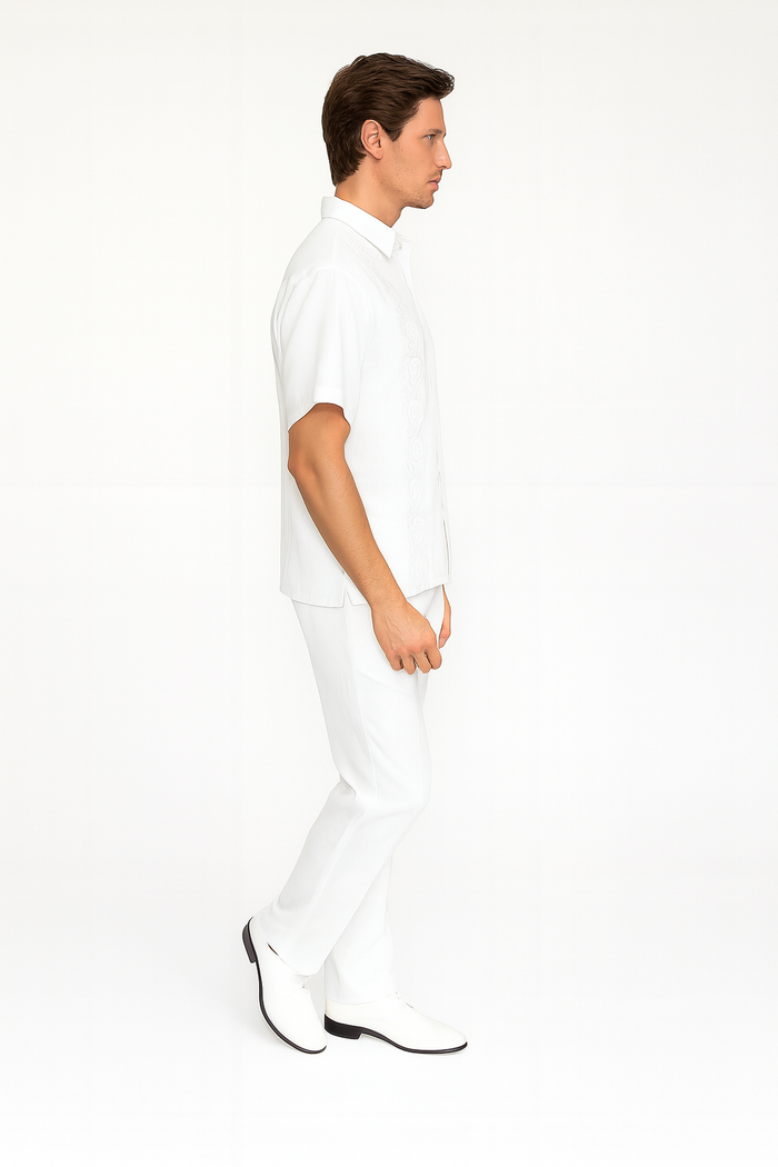 Men’s Linen White Embroidered Guayabera Two-Piece Set - Short Sleeve Shirt and Pants - Summer Walking Suit by USA Men's Outlet