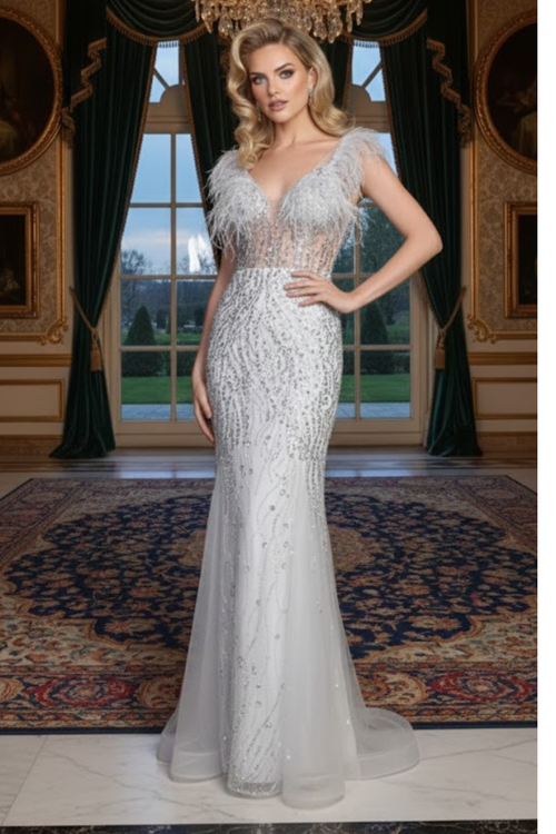 V-Neck Corset Bodice Feather Evening Long Dress