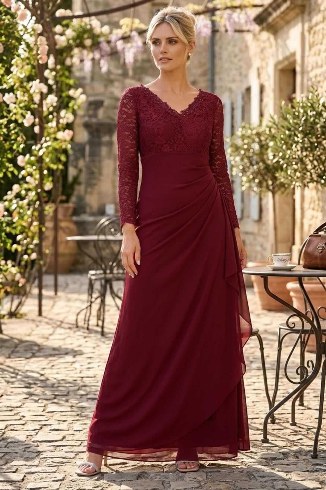 V-Neck Long Lace Gown Mother of the Groom Dress