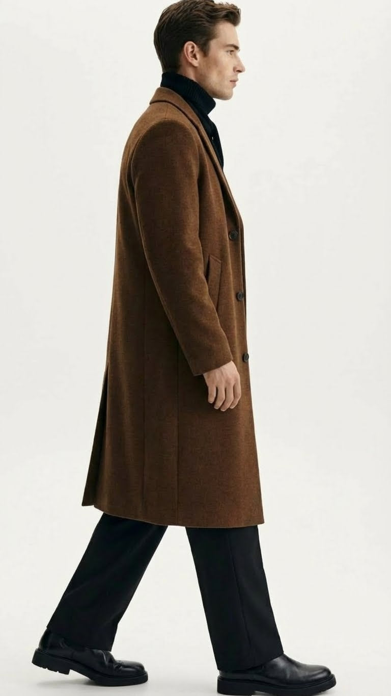 Men’s Brown Long Wool Overcoat - Topcoat Wool Carcoat Three Quarter by USA Men's Outlet