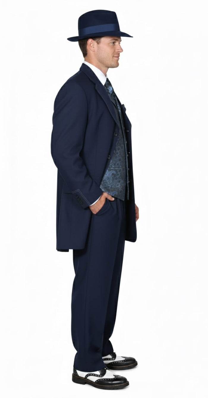 Mens 1920s Navy Blue Zoot Suit - Vintage Gangster 3-Piece Long Jacket Suit Classic Fit Pleated Pants by USA Men's Outlet