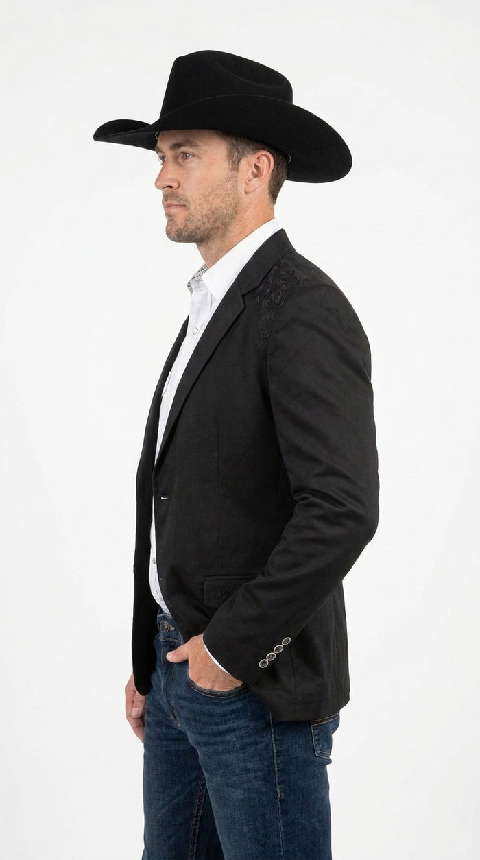 Men’s Black Western Blazer – Embroidered Cowboy Sport Coat with Western Yoke for Rodeo & Country Wear