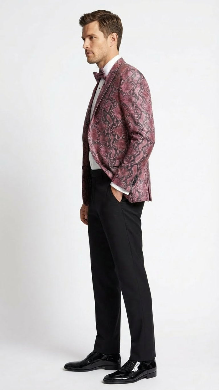 Men’s Burgundy and Black Snakeskin Print Blazer - Alligator Crocodile Sport Jacket Exotic Skin by USA Men's Outlet