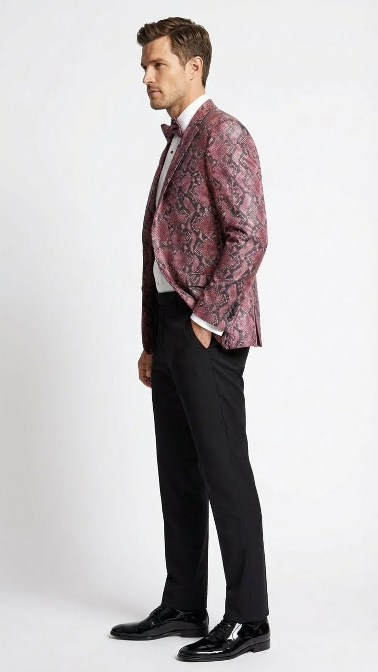 Men’s Burgundy and Black Snakeskin Print Blazer - Alligator Crocodile Sport Jacket Exotic Skin by USA Men's Outlet