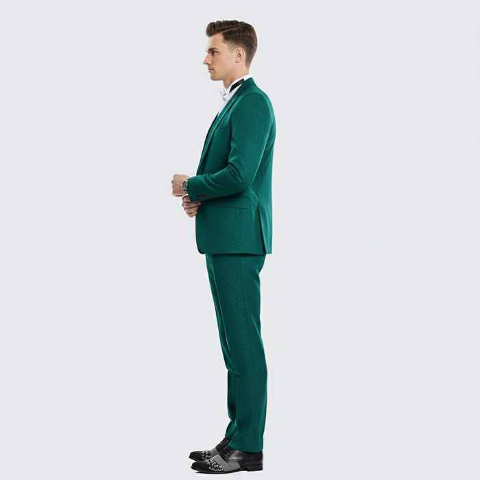 Men’s Emerald Green Textured 3-Piece Suit - Polk Dot Pattern Formal Wedding, Prom, and Evening Wear Outfit by USA Men's Outlet