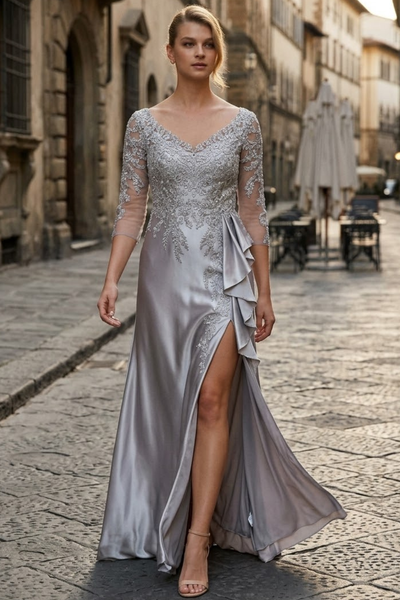 3/4 Sleeve Mother of the Bride Dress with Beaded Appliqués Formal Gown