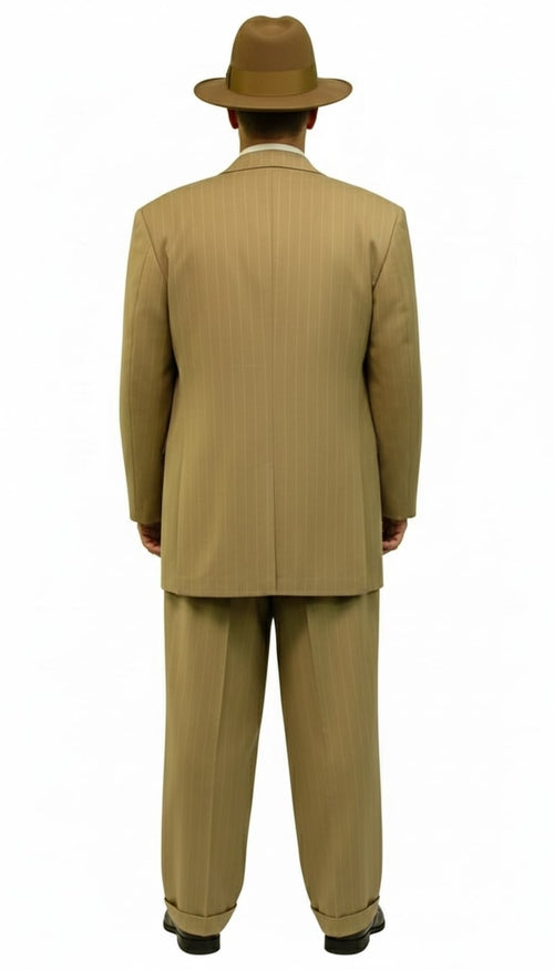 Mens Tan Pinstripe Three Button Suit – 1920s Gangster Vintage 3-Piece Suit with Wide-Leg Pants and Fedora Style in Beige Color