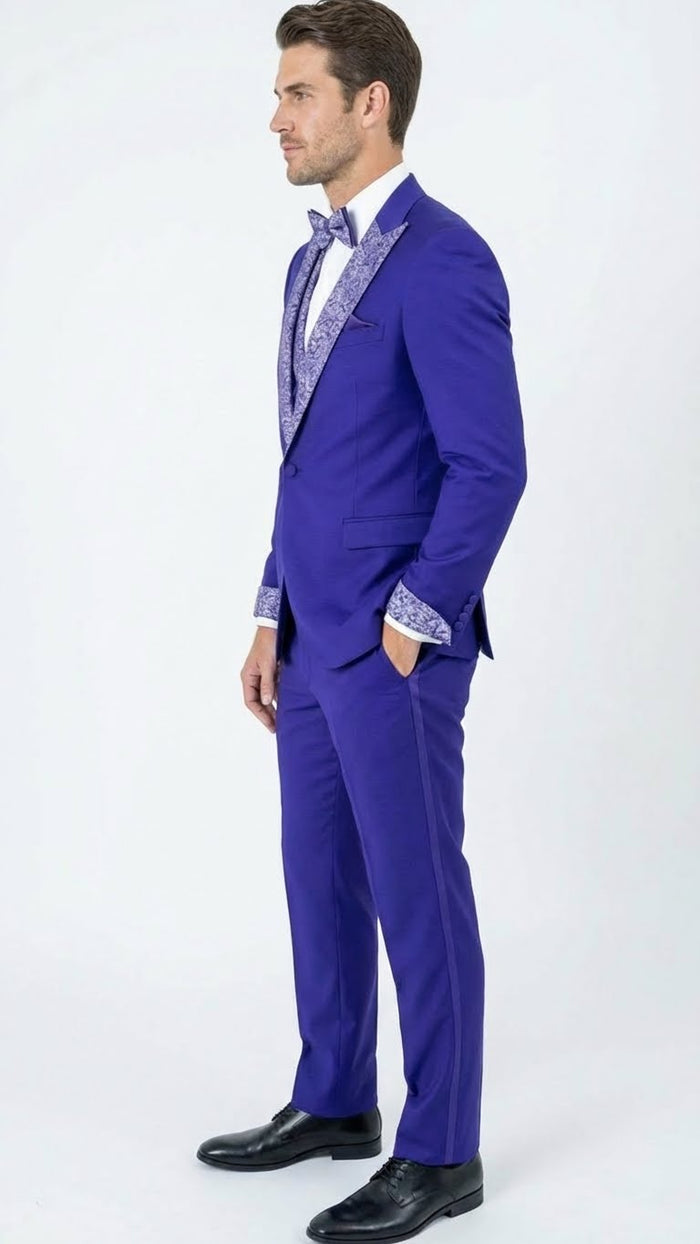 Men’s Purple and white sivler lapel Embellished Tuxedo Suit - Formal Wedding, Prom, and Gala Outfit Mardi Gras - USA Men's Outlet