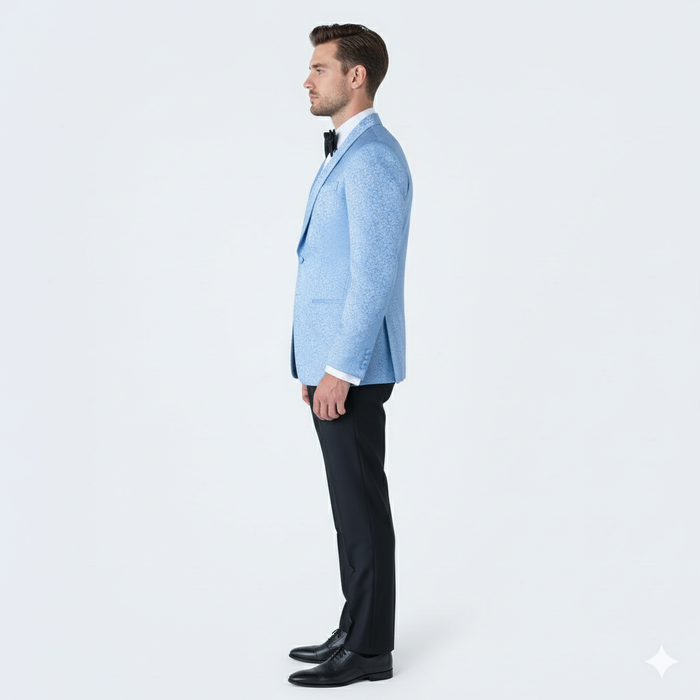 Men’s Light Blue Paisley Tuxedo Jacket - Elegant Satin Shawl Lapel Dinner Blazer for Weddings, Proms in Sky Powder Blue Color Bowtie by USA Men's Outlet