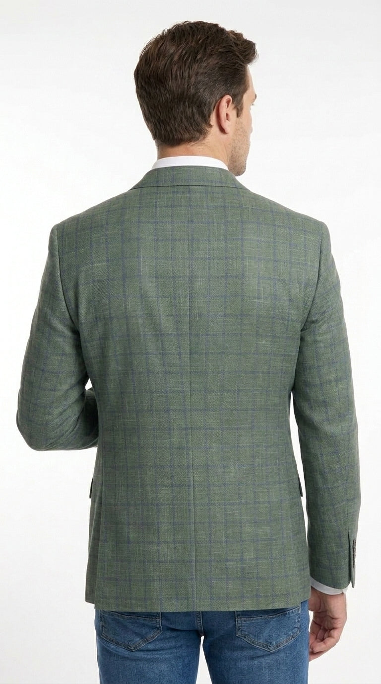 Men’s Sage Green Windowpane 2-Piece Suit – Modern Fit Plaid Wedding, Business and Formal Suit