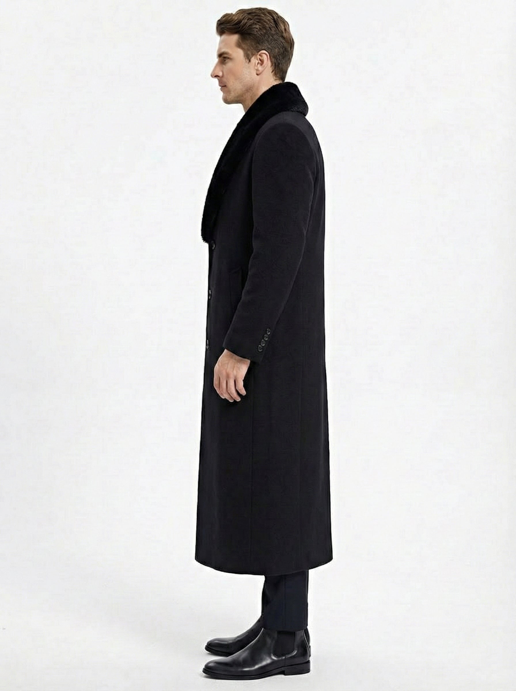 Men’s Black Long Overcoat with Faux Fur Collar, Full Length Winter Topcoat for Formal and Business Wear