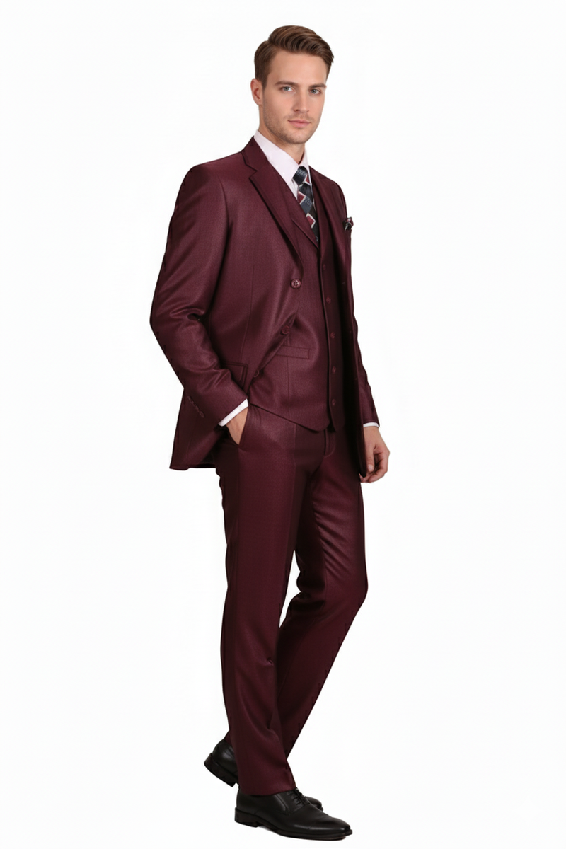 Men’s Burgundy 3-Piece Suit – Burgundy Three Buttons Vested Suit - Pleated Pants Classic Fit Athletic Cut
