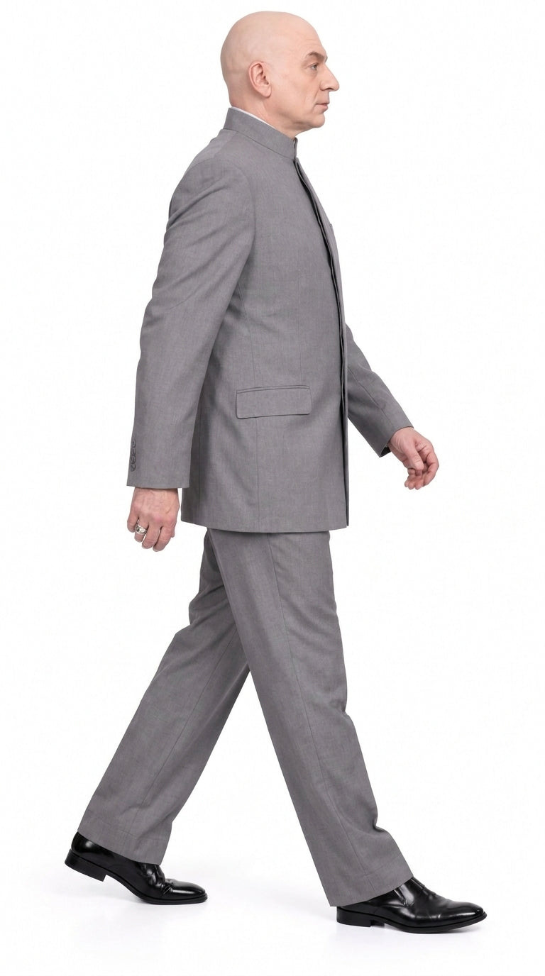 Men's Light Gray Austin Powers Dr. Evil Inspired Suit – Mandarin Collar 2 Piece Costume Suit for Halloween, Cosplay & Themed Parties