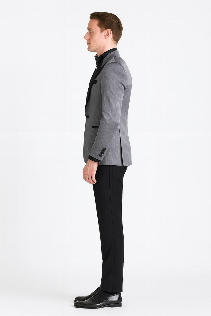 Silver Metallic Tuxedo Suit with Black Satin Peak Lapel - Mens Slim Fit Formal Wedding and Prom Attire in Charcoal Grey With Pants USA Men's Outlet