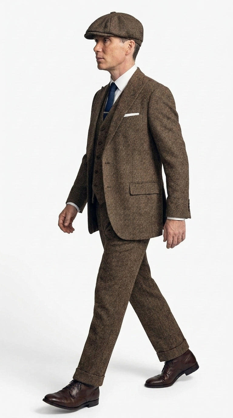 Men's Thomas Shelby Brown Tweed Herringbone 3-Piece Suit – Peaky Blinders 1920s Vintage-Style Suit with Matching Vest & Trousers