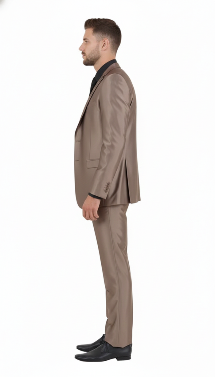 Men’s Sateen Shiny Metallic Mocca Taupe Gold Bronze 3-Piece Suit Set - Shiny Finish slim Fit Formal and Party Suit USA Men's Outlet