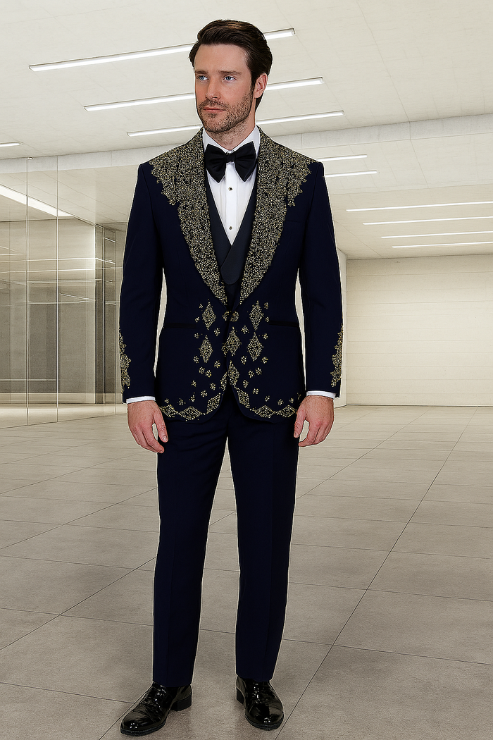 Men’s Navy Tuxedo with Gold Embroidery - Slim Fit Formal Dinner Jacket with Shawl Lapel by USA Men's Outlet