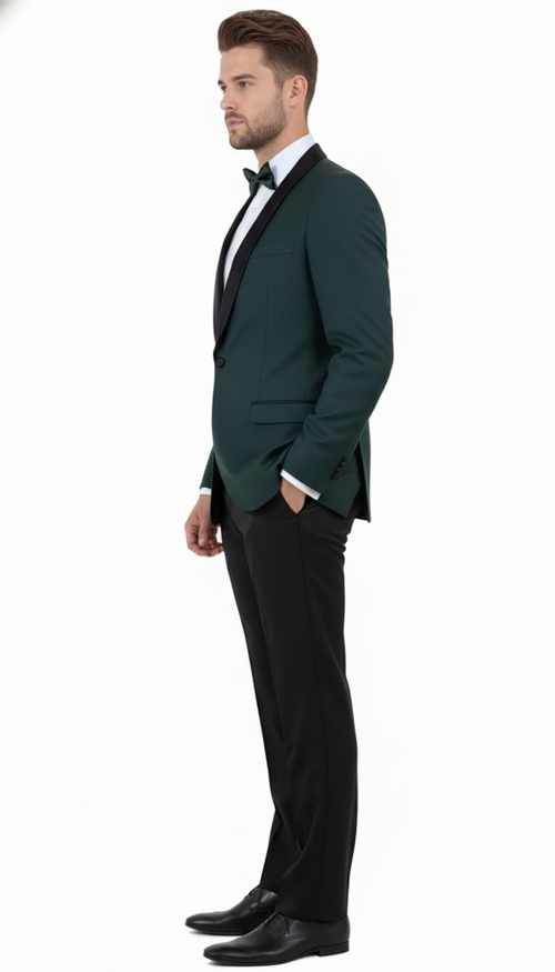Men’s Green Tuxedo Suit – Slim Fit Jacket with Black Satin Shawl Lapel and Black Pants in Hunter Green