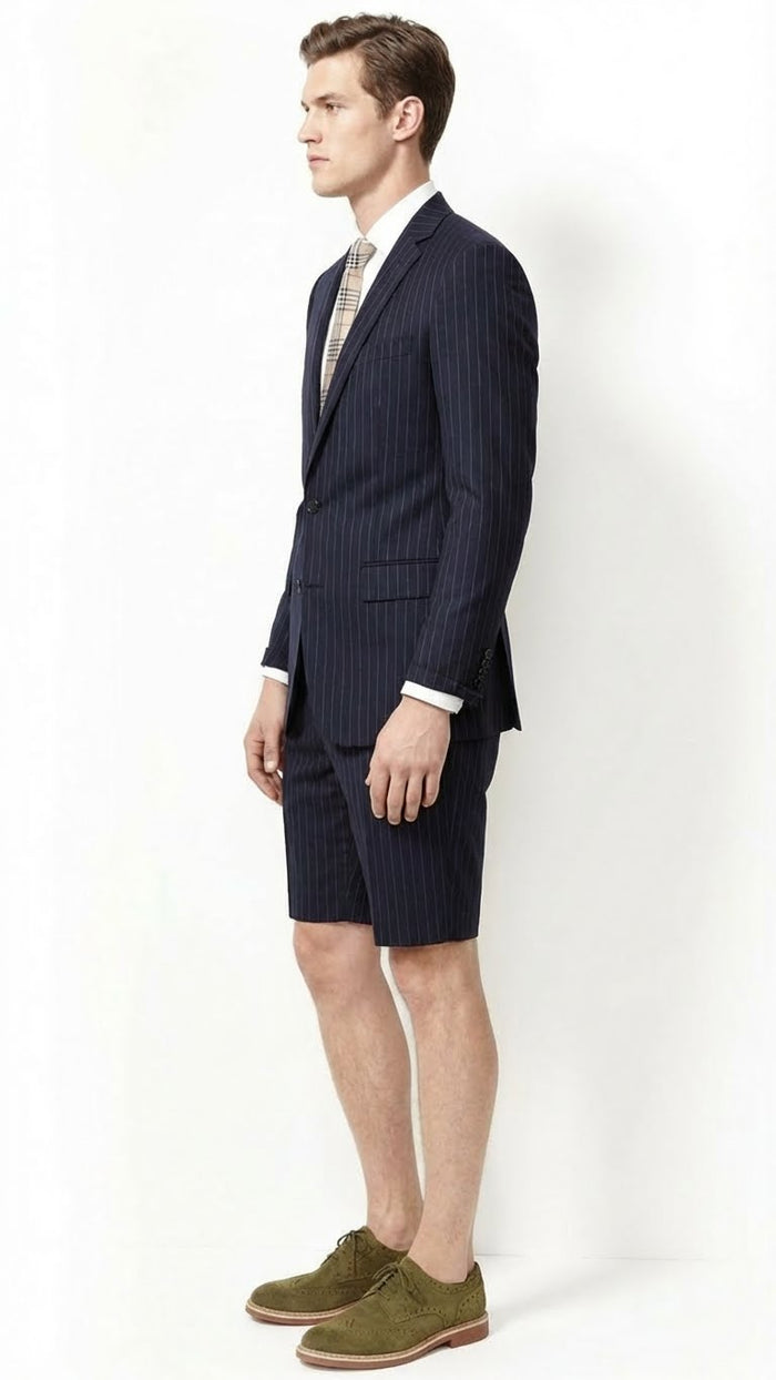 Men’s Dark Navy Blue Pinstripe or Black Pinstripe Summer Business Suit with Shorts Pants Set by USA Men's Outlet