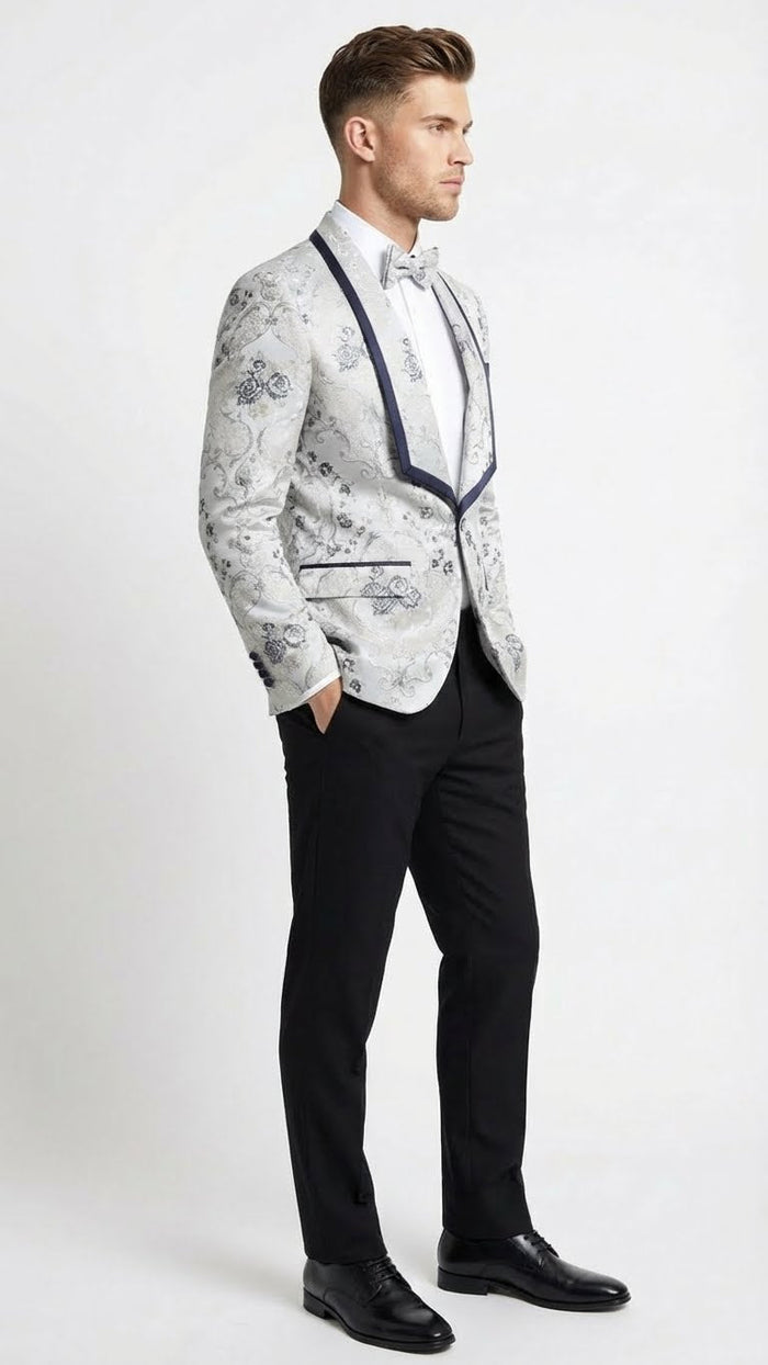 Men’s White and Navy Blue Lapel Floral Jacquard Blazer with Contrast Shawl Lapel - Luxury Wedding and Party Wear Jacket paisley Tuxedo Navy Pants by USA Men's Outlet